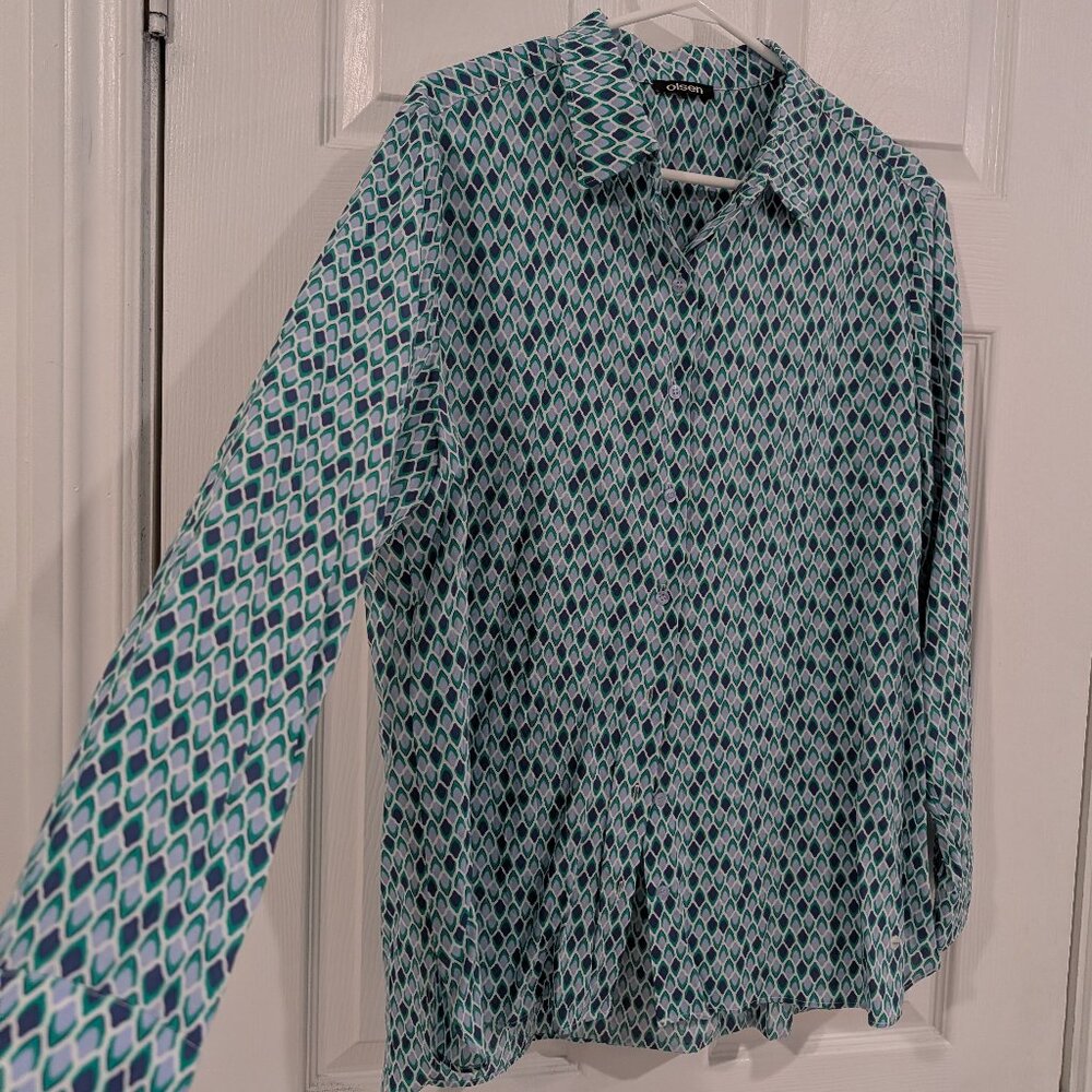 Olsen Turquoise Blue Geometric Button Up Blouse M-L/12